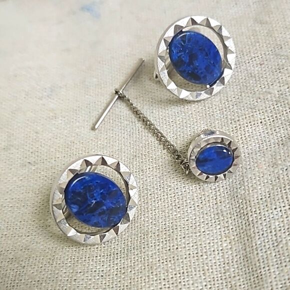 Vintage Other - Vintage Genuine Sodalite Blue Natural Gemstone Cufflinks Tie Tack Set